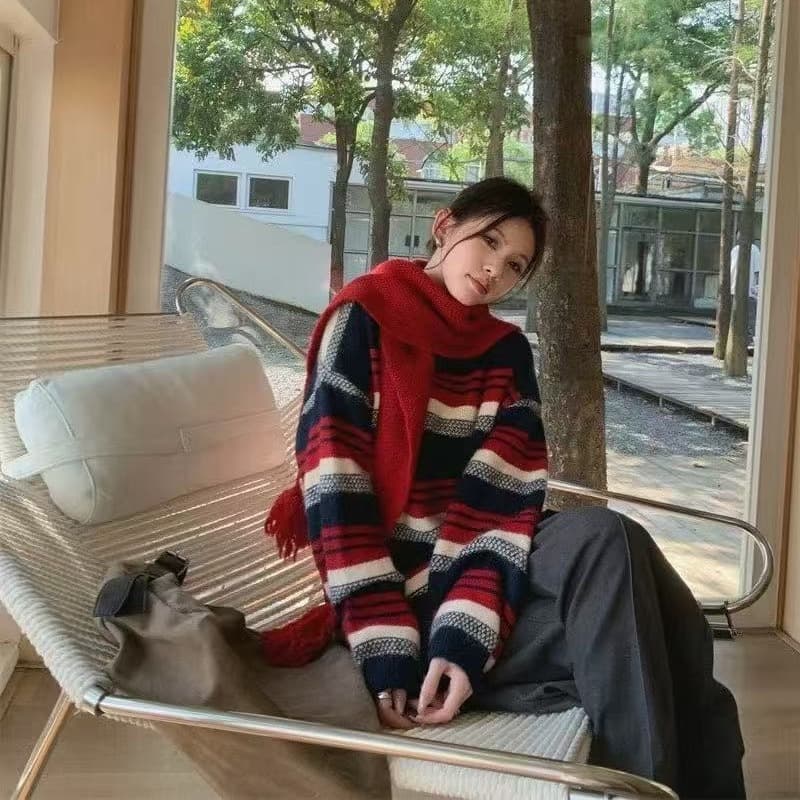 경기 숄 레트로 녹색 스트라이프 풀오버 니트 스웨터 스웨터 여자 수 있습니다. 외출용 인사이드 가져 가라. 디자인 센스 맨위 작은 키 상세 이미지 5