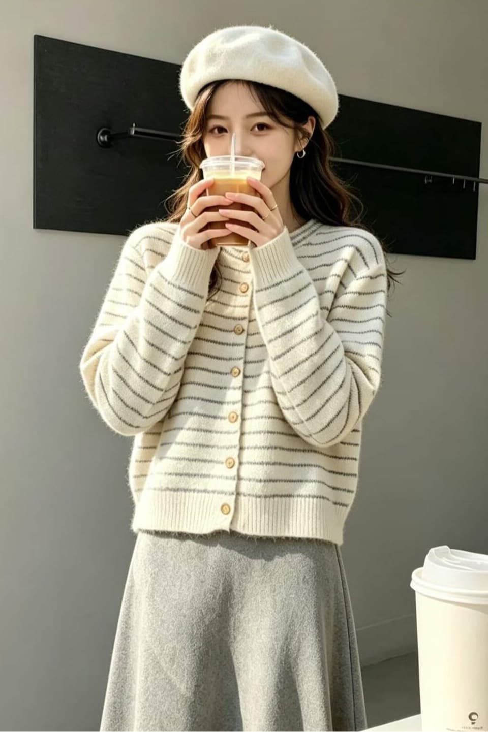 한 부서 배색 라운드 넥 스트라이프 양모 니트 오픈 가디건 여성 가을 겨울철 루즈핏 연령 감소 슬림해 보이는 스웨터 외부 잡아라. 의류 이미지 6