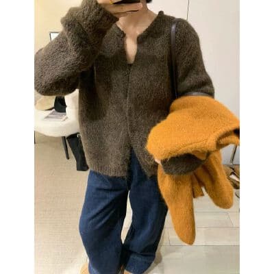 한국 스타일 레트로 오픈 가디건 스웨터 여성 코트 루즈핏 느긋한 슬림해 보이는 니트 스웨터 맨위 가을 겨울 새로운 연령 감소 문예 상세 이미지 7