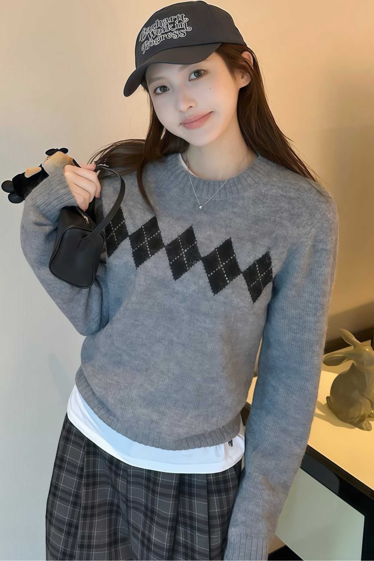 학원 스타일 링 그리드 라운드 넥 풀오버 스웨터 여자 가을 겨울 새로운 캐주얼 바람 디자인 센스 몸매 가꾸기 슬림해 보이는 니트 맨위 이미지 6