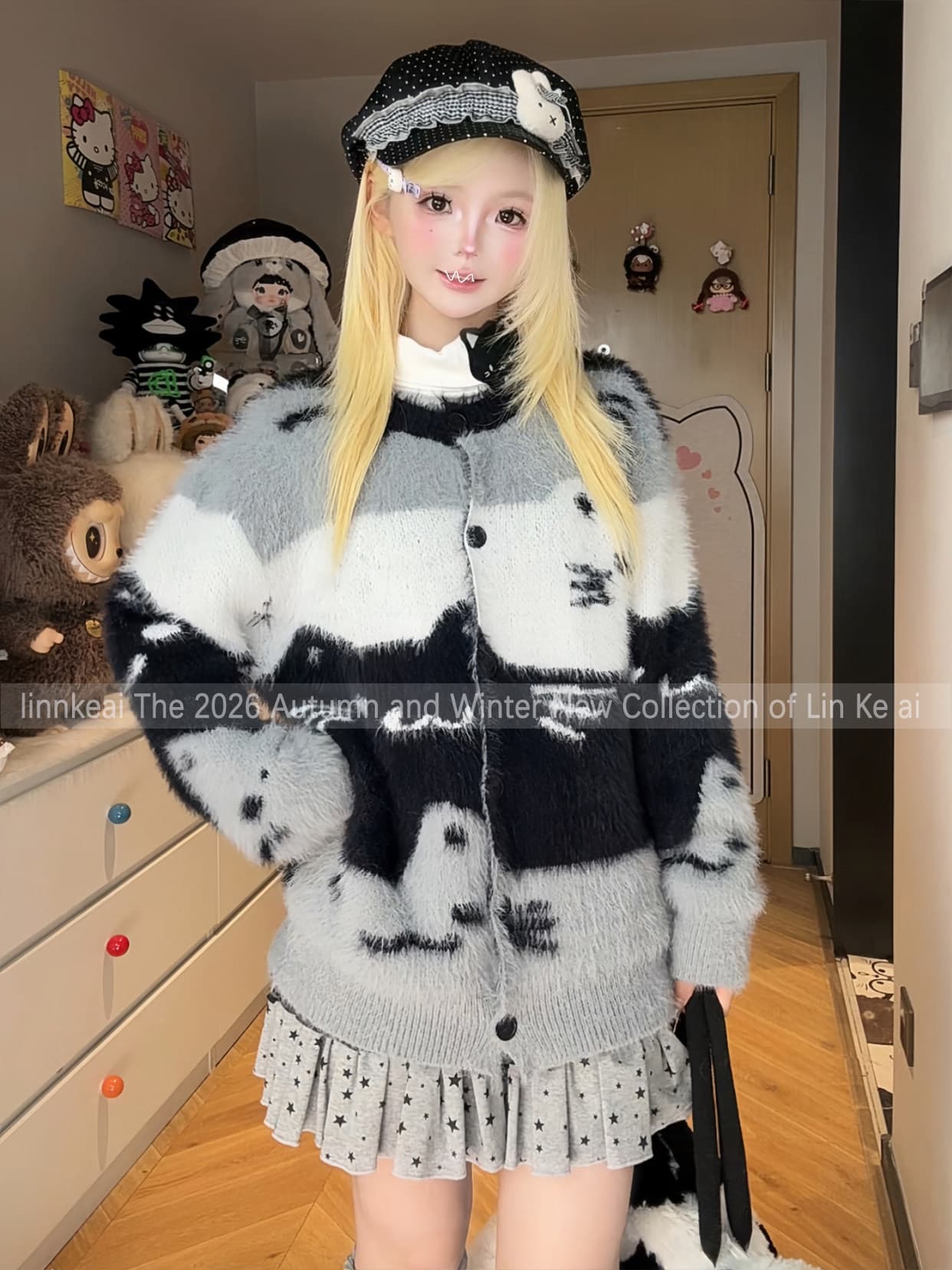 가을 새로운 달콤함 패치워크 색상 스택 고양이 디자인 센스 스웨터 와이드 부드러운 찹쌀 다용도 느긋한 바람 플리스 오픈 가디건 트렌디 이미지 4