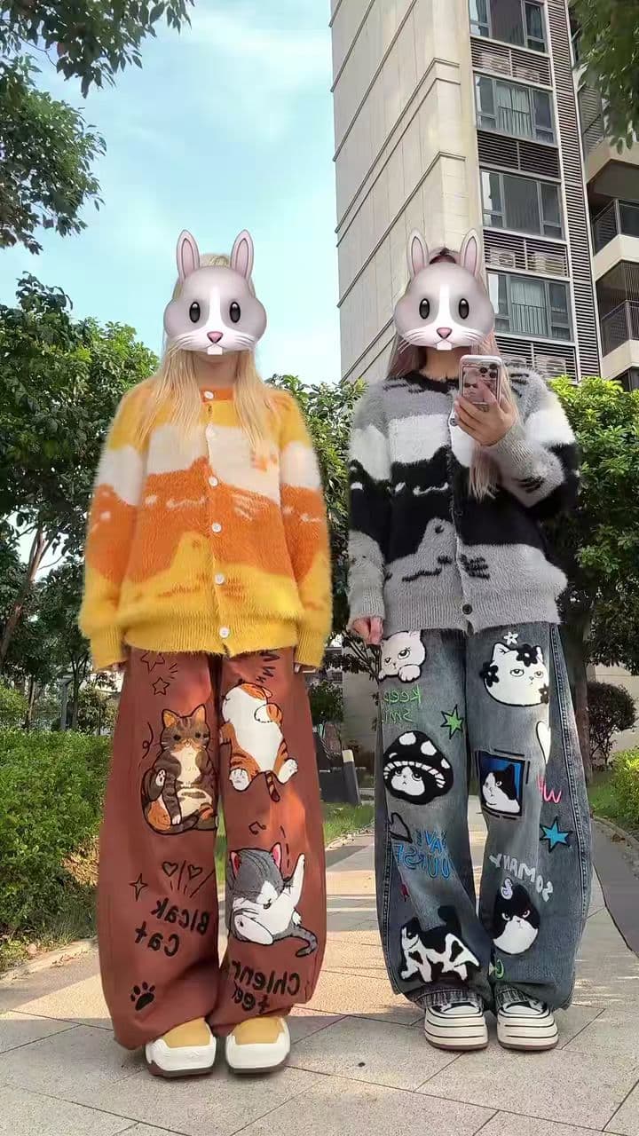 가을 새로운 달콤함 패치워크 색상 스택 고양이 디자인 센스 스웨터 와이드 부드러운 찹쌀 다용도 느긋한 바람 플리스 오픈 가디건 트렌디 상세 이미지 5