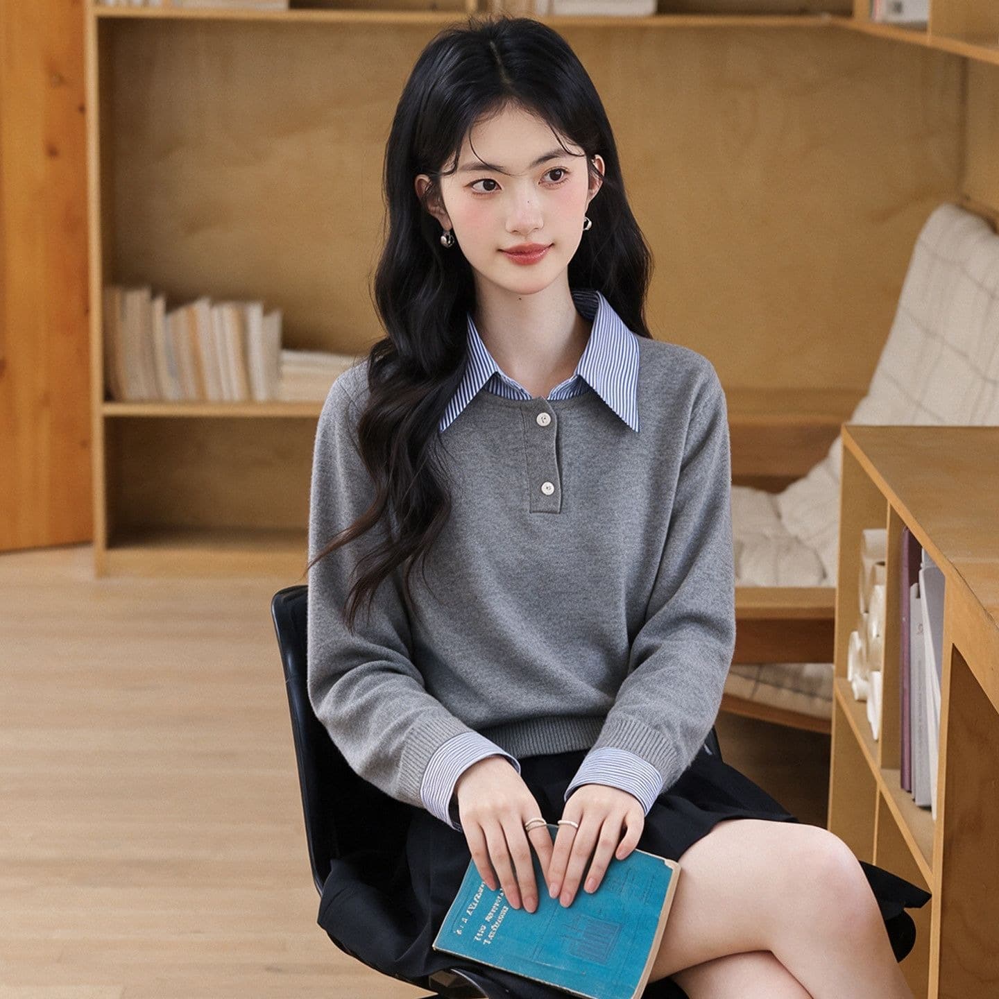 한 부서 패치워크 페이크 레이어드 긴팔 니트 스웨터 여성 2026 가을 새로운 루즈핏 캐주얼 POLO 셔츠 맨위 이미지 5
