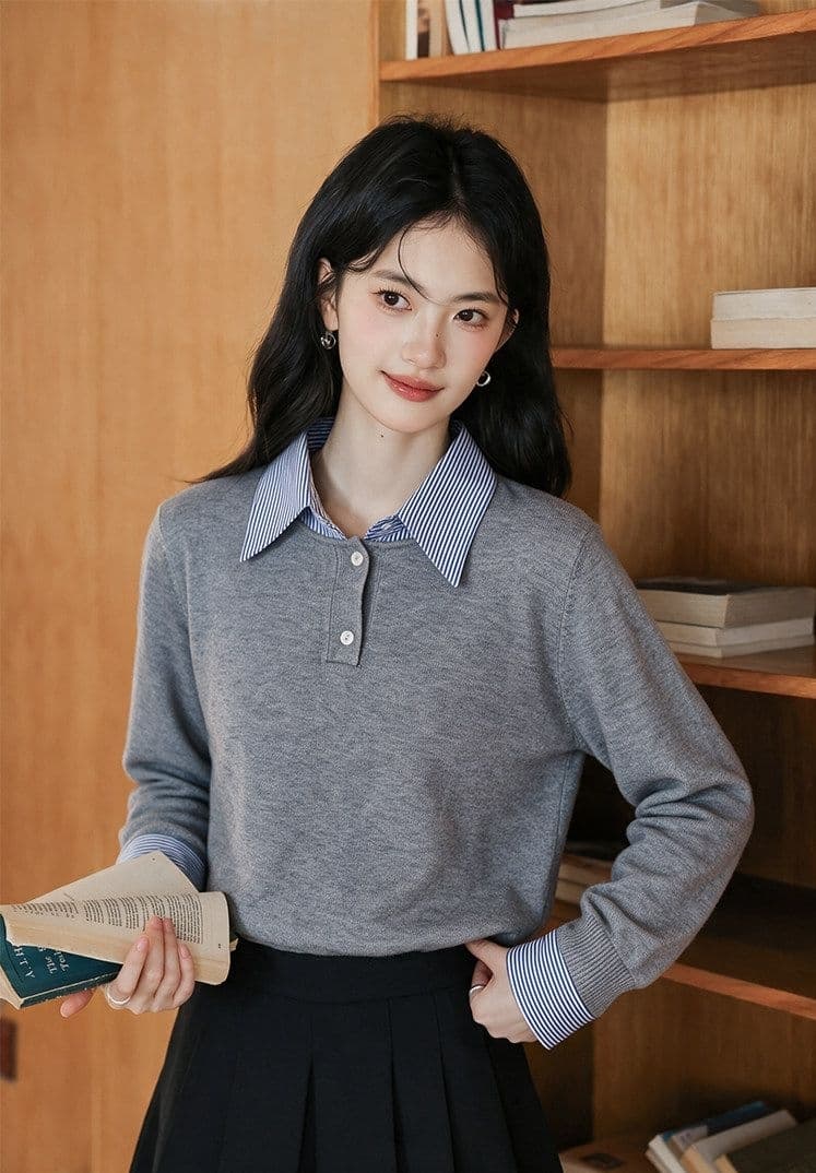한 부서 패치워크 페이크 레이어드 긴팔 니트 스웨터 여성 2026 가을 새로운 루즈핏 캐주얼 POLO 셔츠 맨위 상세 이미지 5
