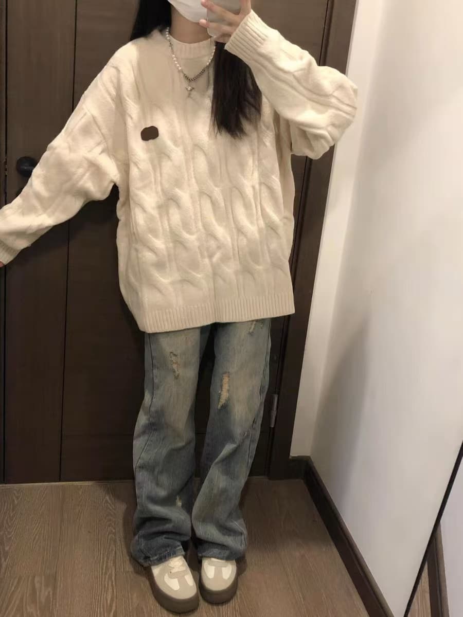 우유 fufu 스웨터 여자 가을 겨울철 새로운 루즈핏 느긋한 바람 부드러운 찹쌀 부드러운 캐주얼 다용도 니트 스웨터 맨위 트렌디 상세 이미지 3