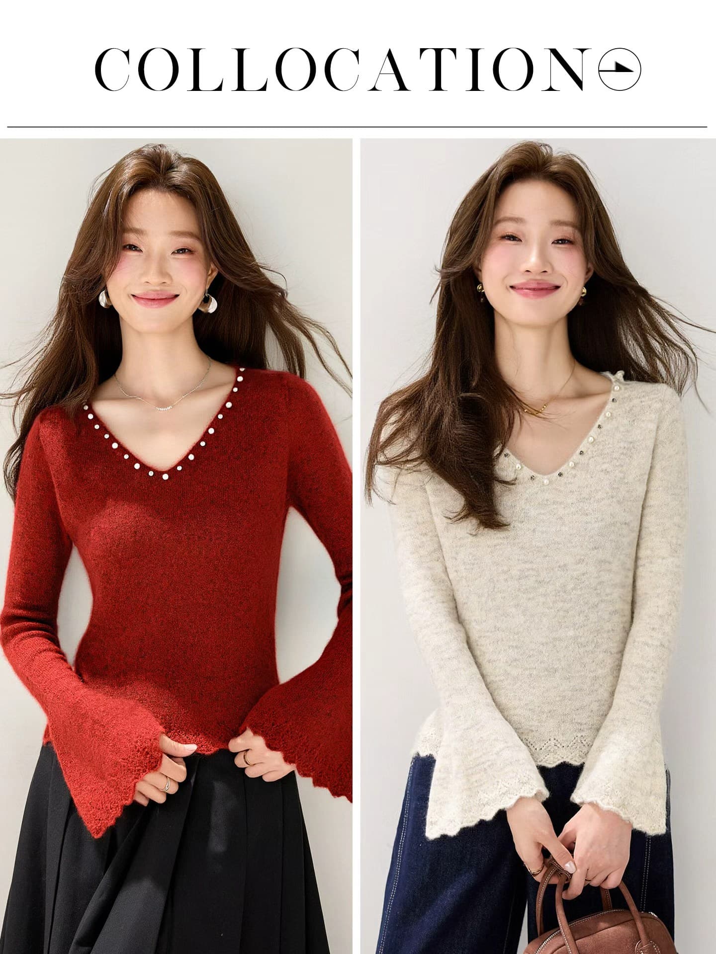 고급 센스 품격 V넥 비즈 박기 나팔 소매 빨간색 스웨터 기본 셔츠 여성 가을 몸매 가꾸기 미니멀리즘 니트 맨위 상세 이미지 7