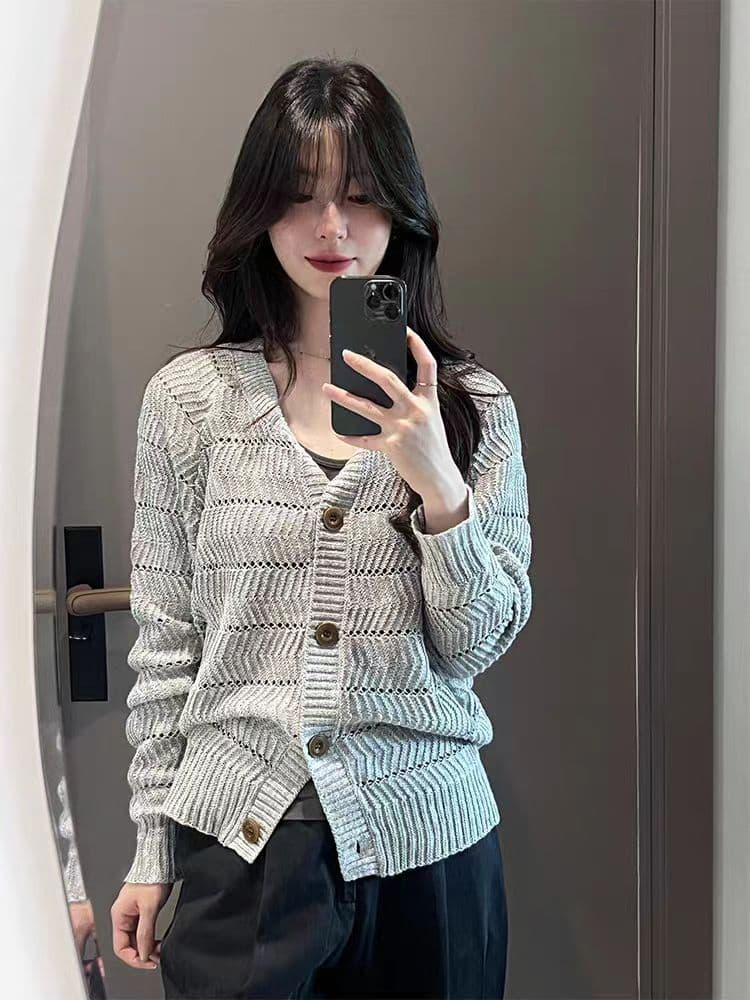 회색 홀로우 아웃 긴팔 니트 오픈 가디건 여성 코트 가을 한 부서 착용 가져 가라. 작은 키 외출용 느긋한 루즈핏 맨위 상세 이미지 1