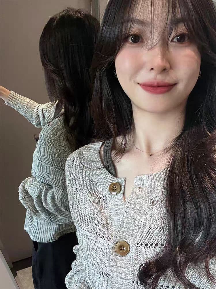 회색 홀로우 아웃 긴팔 니트 오픈 가디건 여성 코트 가을 한 부서 착용 가져 가라. 작은 키 외출용 느긋한 루즈핏 맨위 상세 이미지 3