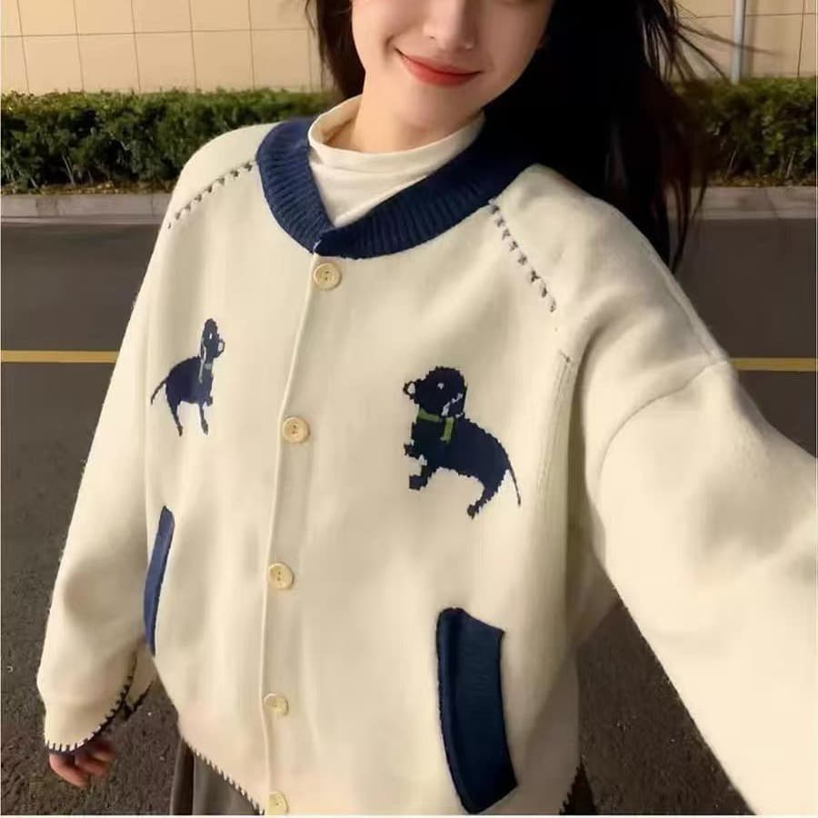 두꺼운 에디션 느긋한 바람 배색 싱글 줄 버튼 스웨터 오픈 가디건 여성 가을 의상 새로운 한국 스타일 루즈핏 니트 재킷 트렌디 이미지 5