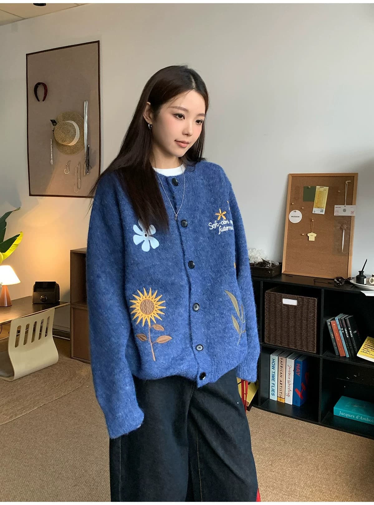 한 부서 부드러운 찹쌀 꽃무늬 자수 오픈 가디건 스웨터 여성 코트 가을 겨울 느긋한 바람 느슨함 센스 니트 스웨터 맨위 상세 이미지 5
