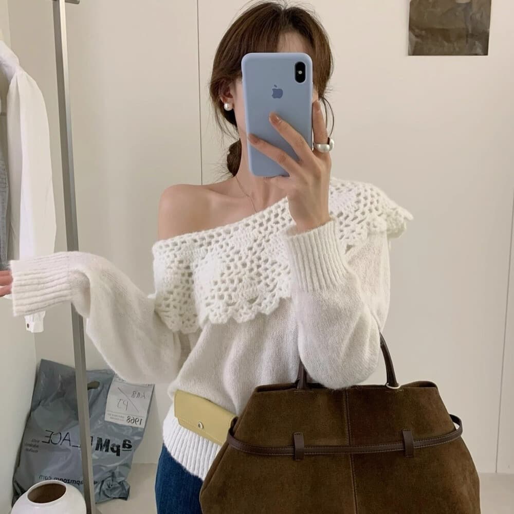 자이언트 잘 생긴 ~ 중 빛 요리 한 이른 가을 프랑스식 홀로우 아웃 오프숄더 스웨터 여자 가을 겨울 느긋한 바람 오프숄더 니트 스웨터 맨위
