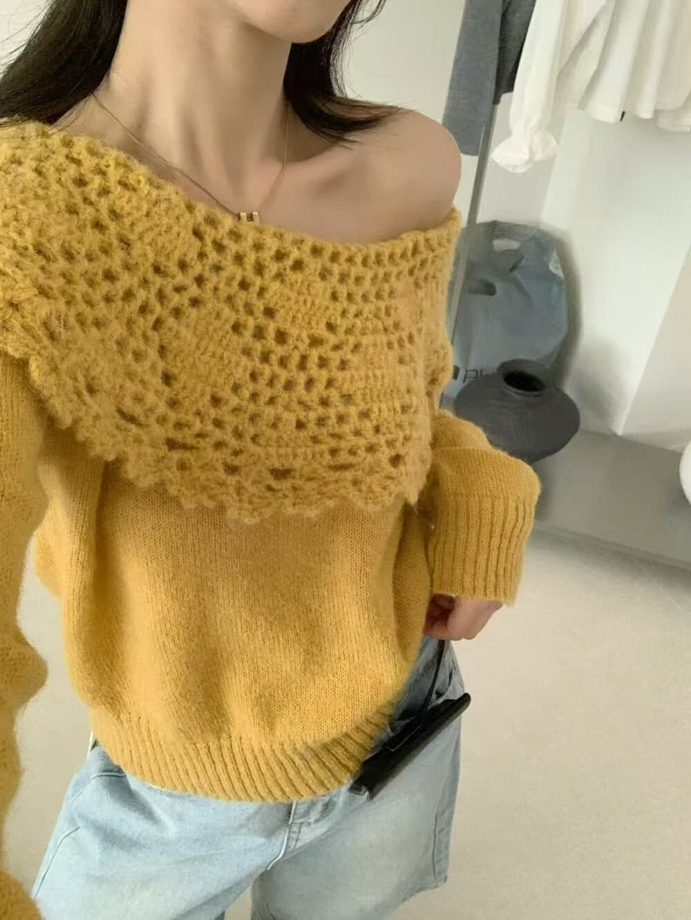 자이언트 잘 생긴 ~ 중 빛 요리 한 이른 가을 프랑스식 홀로우 아웃 오프숄더 스웨터 여자 가을 겨울 느긋한 바람 오프숄더 니트 스웨터 맨위 이미지 3