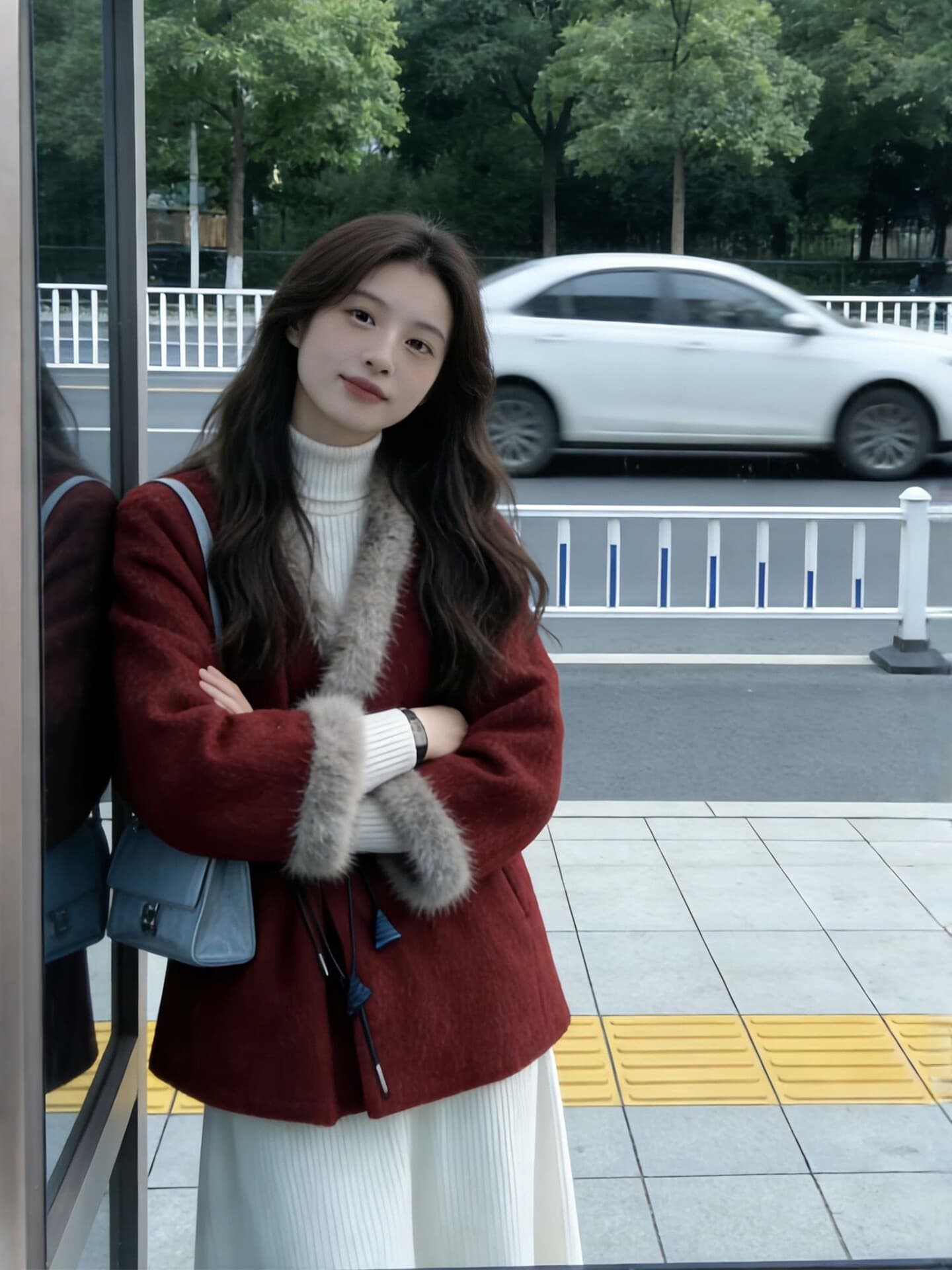 빨간색 모피 칼라 모직 여성 코트 겨울 빅 사이즈 지방 mm 고유 한 슈퍼 잘 생긴 품격 신년 로브 모직 코트