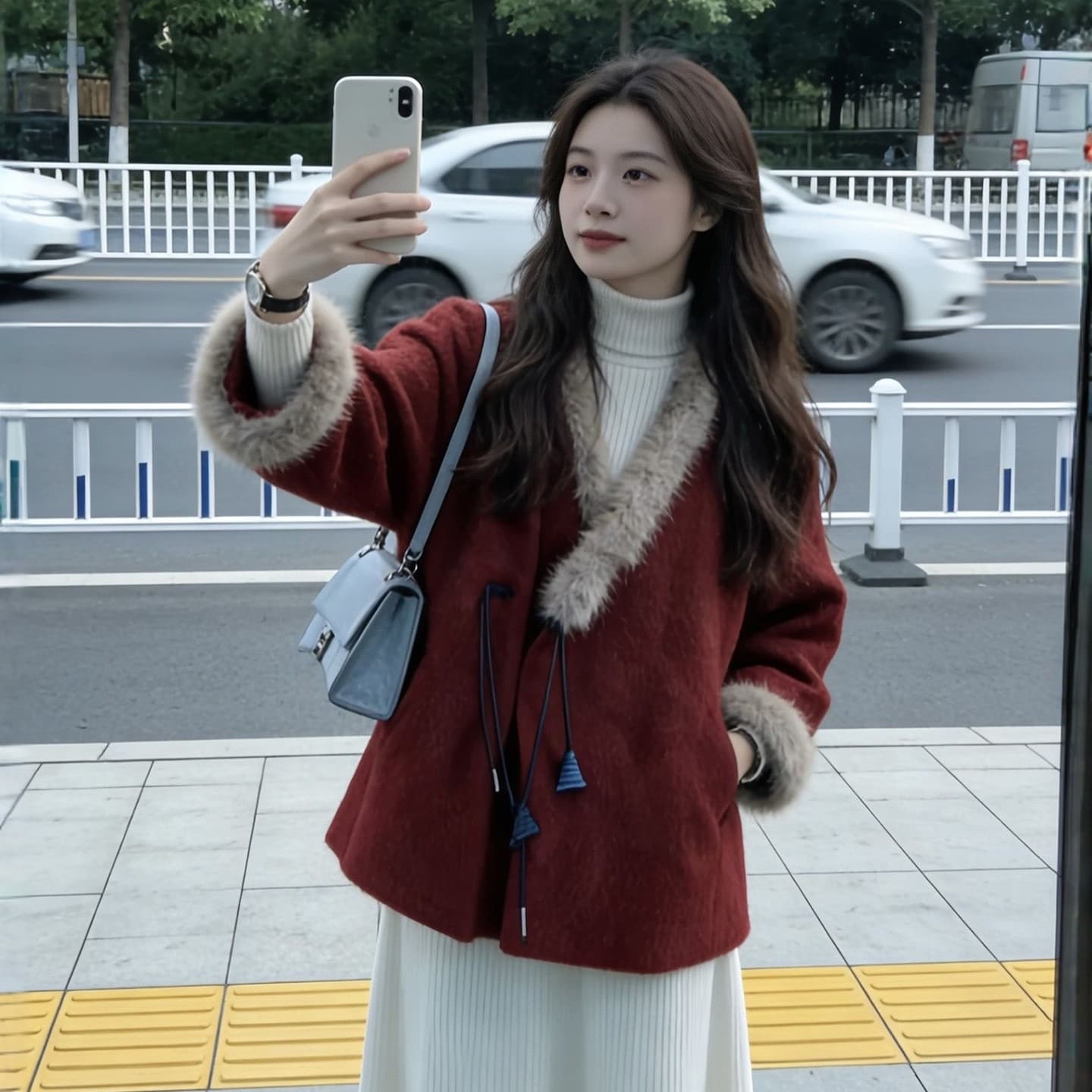 빨간색 모피 칼라 모직 여성 코트 겨울 빅 사이즈 지방 mm 고유 한 슈퍼 잘 생긴 품격 신년 로브 모직 코트 이미지 5