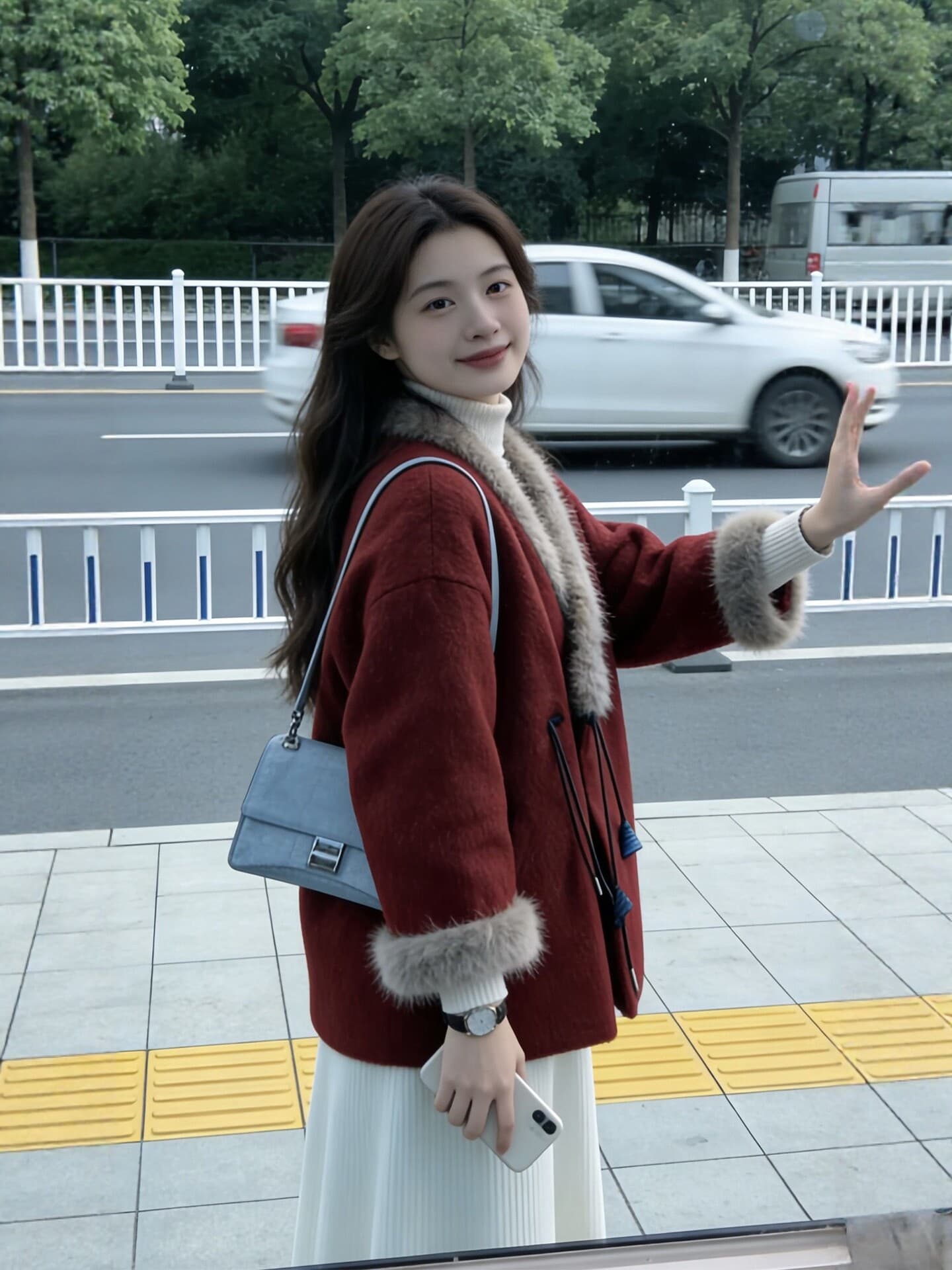 빨간색 모피 칼라 모직 여성 코트 겨울 빅 사이즈 지방 mm 고유 한 슈퍼 잘 생긴 품격 신년 로브 모직 코트 상세 이미지 3