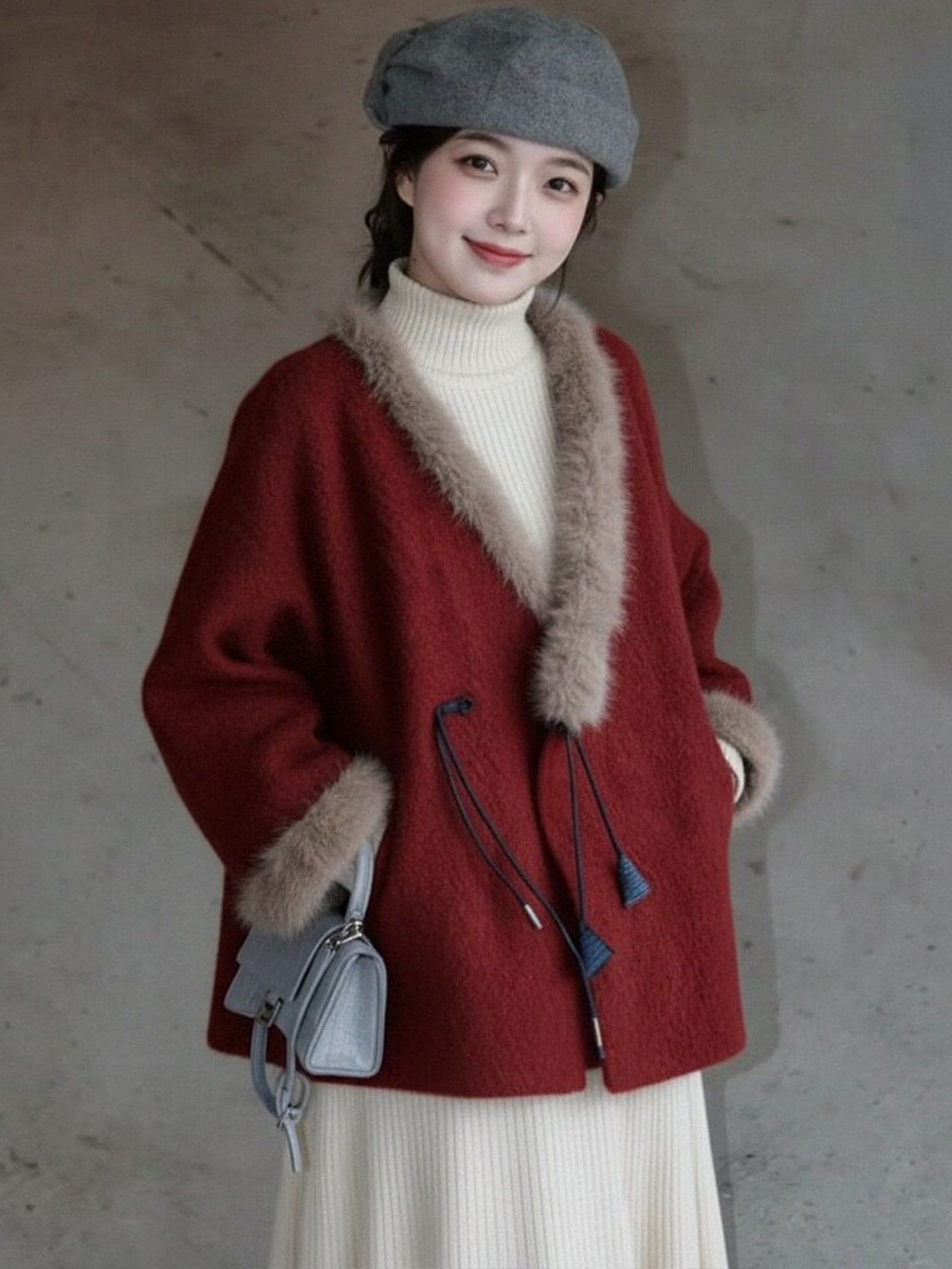 빨간색 모피 칼라 모직 여성 코트 겨울 빅 사이즈 지방 mm 고유 한 슈퍼 잘 생긴 품격 신년 로브 모직 코트 상세 이미지 8