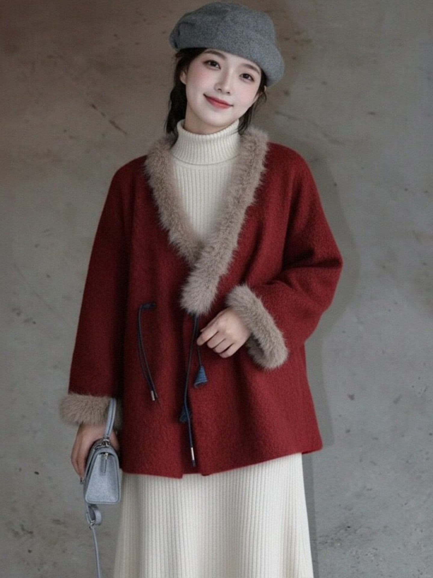 빨간색 모피 칼라 모직 여성 코트 겨울 빅 사이즈 지방 mm 고유 한 슈퍼 잘 생긴 품격 신년 로브 모직 코트 상세 이미지 9