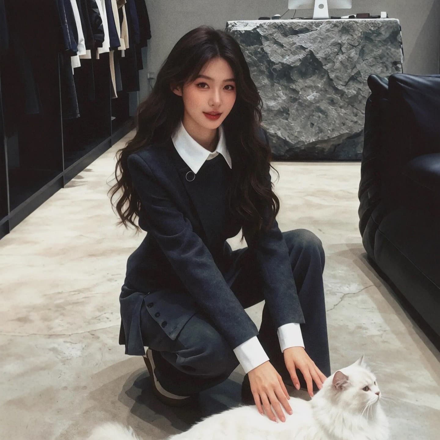 이른 봄 코디 전체 집합 빅 사이즈 지방 mm 페이크 레이어드 회색 재킷 랩스커트팬츠 와이드 레그 팬츠 레트로 슈퍼 화재 세트 여성 이미지 2