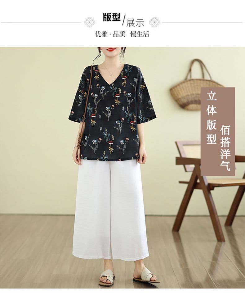 실사 면 린넨 지방 mm 빅 사이즈 레트로 루즈핏 반팔 맨위 여름 새로운 얇은 스타일 V넥 다용도 프린트 셔츠 상세 이미지 5