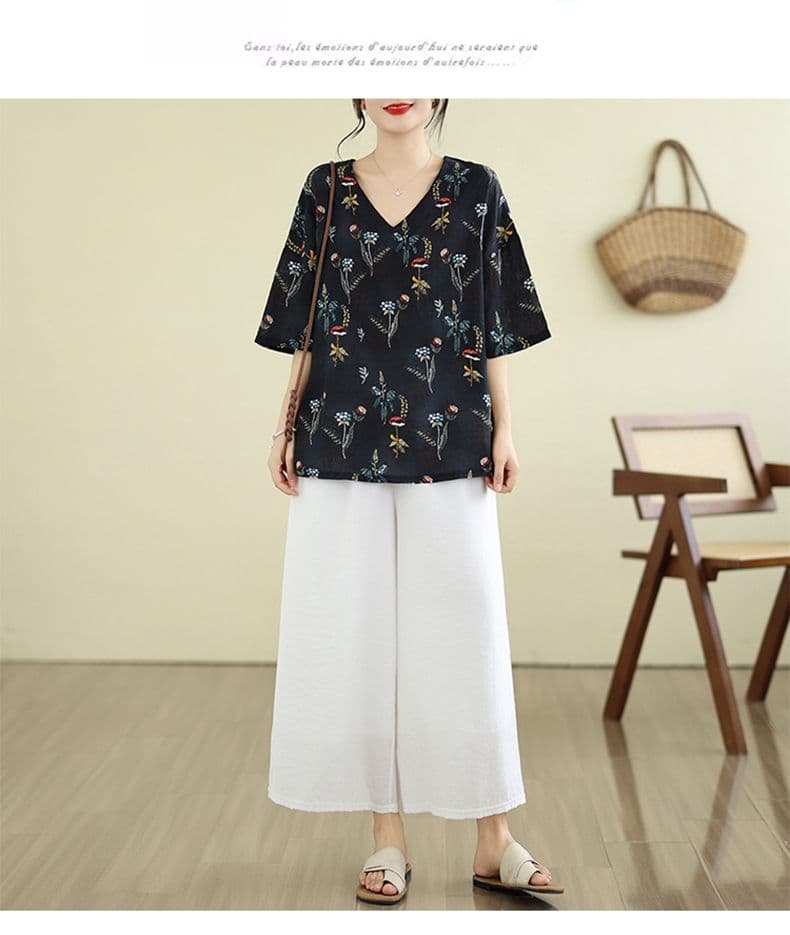 실사 면 린넨 지방 mm 빅 사이즈 레트로 루즈핏 반팔 맨위 여름 새로운 얇은 스타일 V넥 다용도 프린트 셔츠 상세 이미지 16