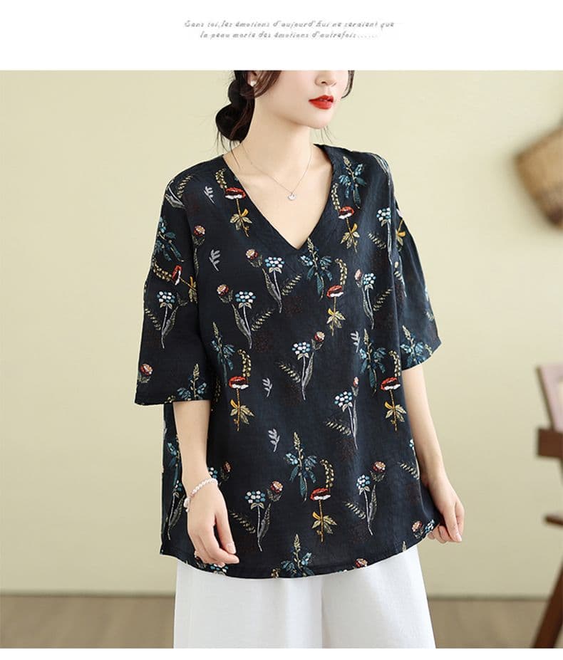 실사 면 린넨 지방 mm 빅 사이즈 레트로 루즈핏 반팔 맨위 여름 새로운 얇은 스타일 V넥 다용도 프린트 셔츠 상세 이미지 21