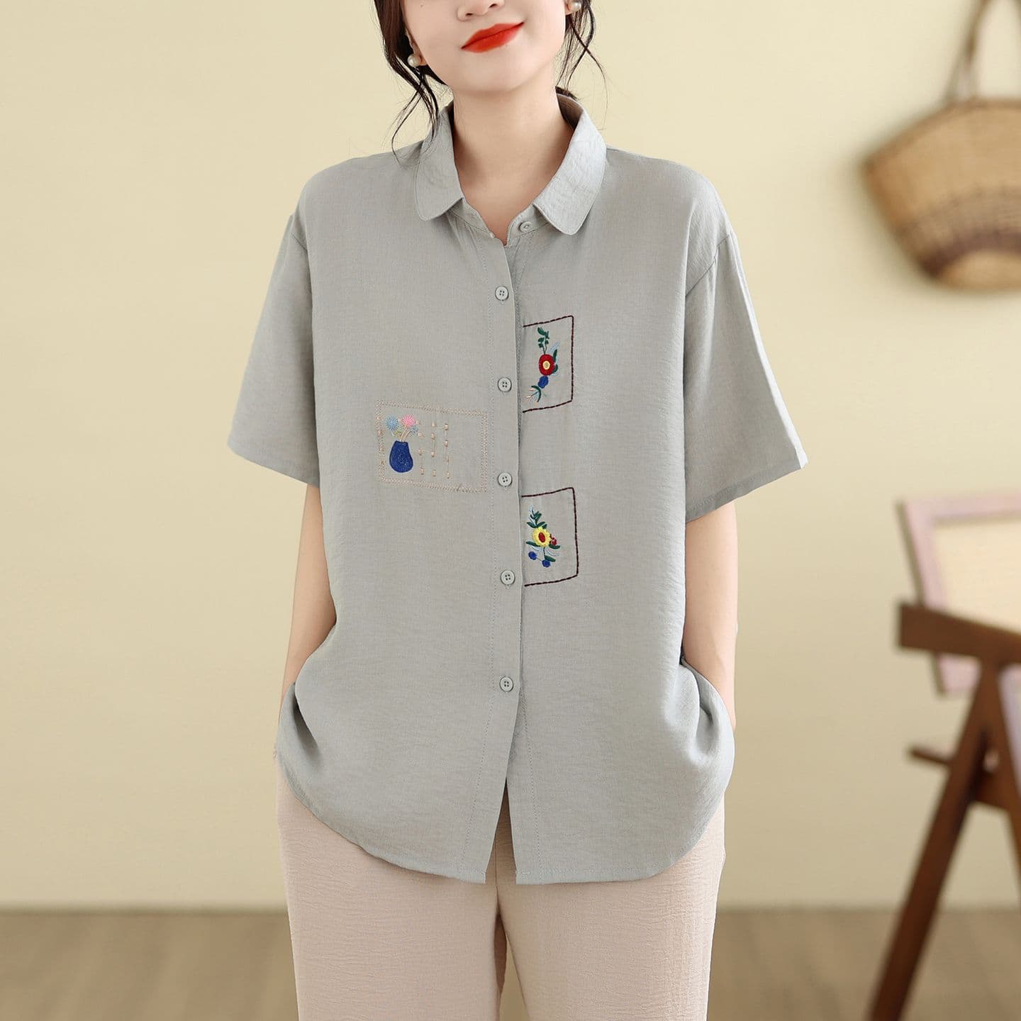 실사 면 린넨 지방 mm 빅 사이즈 자수 반팔 셔츠 여름 새로운 루즈핏 폴로 칼라 다용도 슬림해 보이는 캐주얼 셔츠 이미지 2