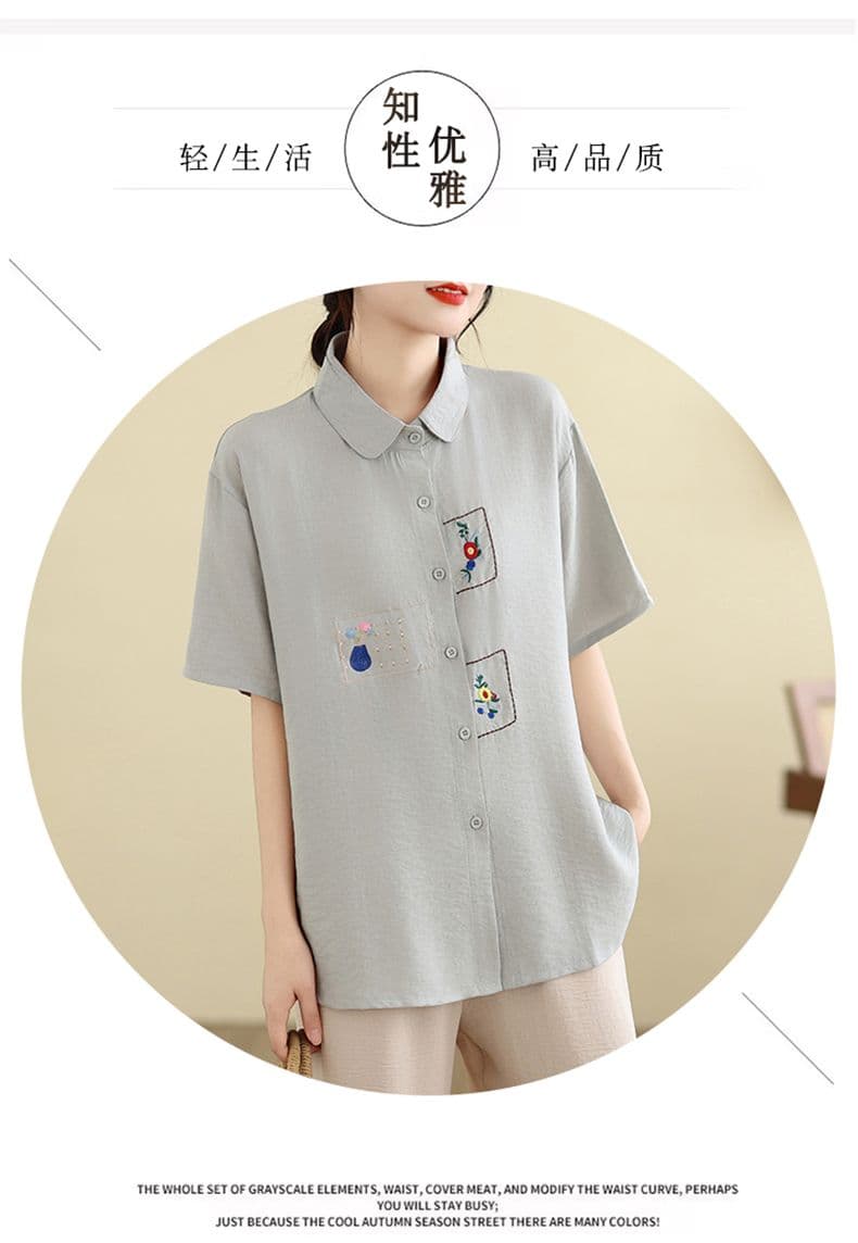 실사 면 린넨 지방 mm 빅 사이즈 자수 반팔 셔츠 여름 새로운 루즈핏 폴로 칼라 다용도 슬림해 보이는 캐주얼 셔츠 상세 이미지 2