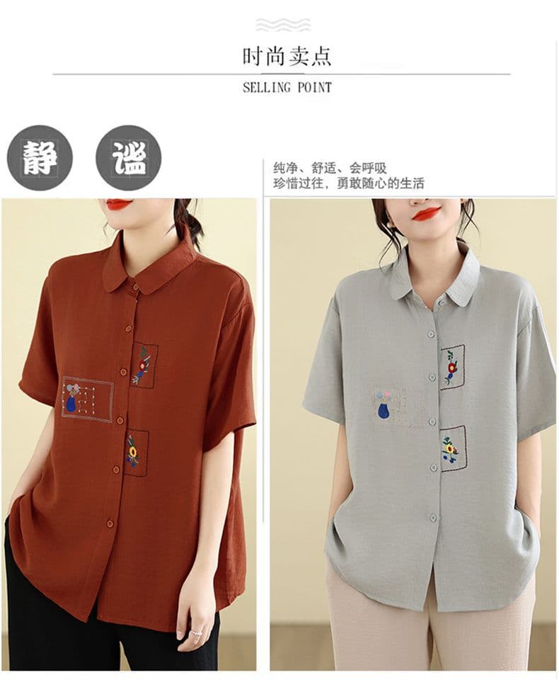 실사 면 린넨 지방 mm 빅 사이즈 자수 반팔 셔츠 여름 새로운 루즈핏 폴로 칼라 다용도 슬림해 보이는 캐주얼 셔츠 상세 이미지 3