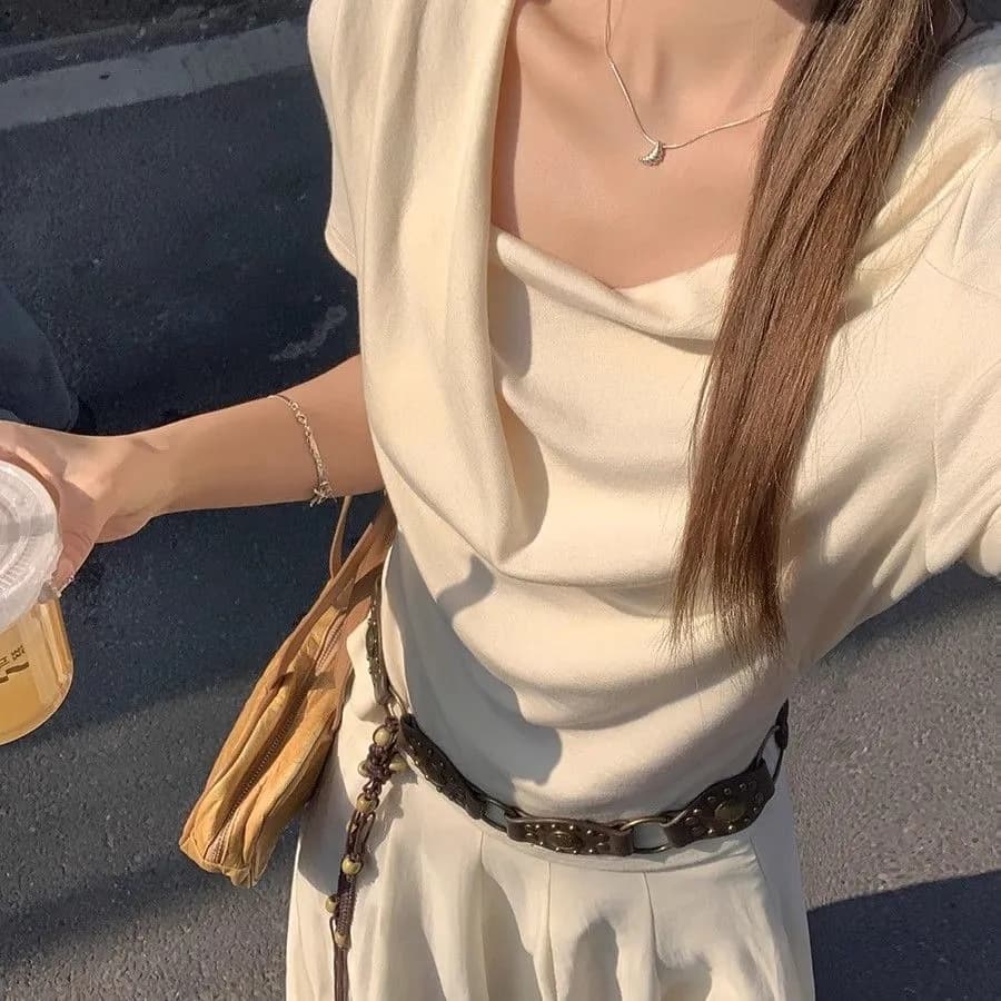 모달 흔들다 칼라 반팔 티셔츠 여성 여름 프랑스식 주름 불규칙 몸매 가꾸기 허리 수축 디자인 센스 만나는 맨위
