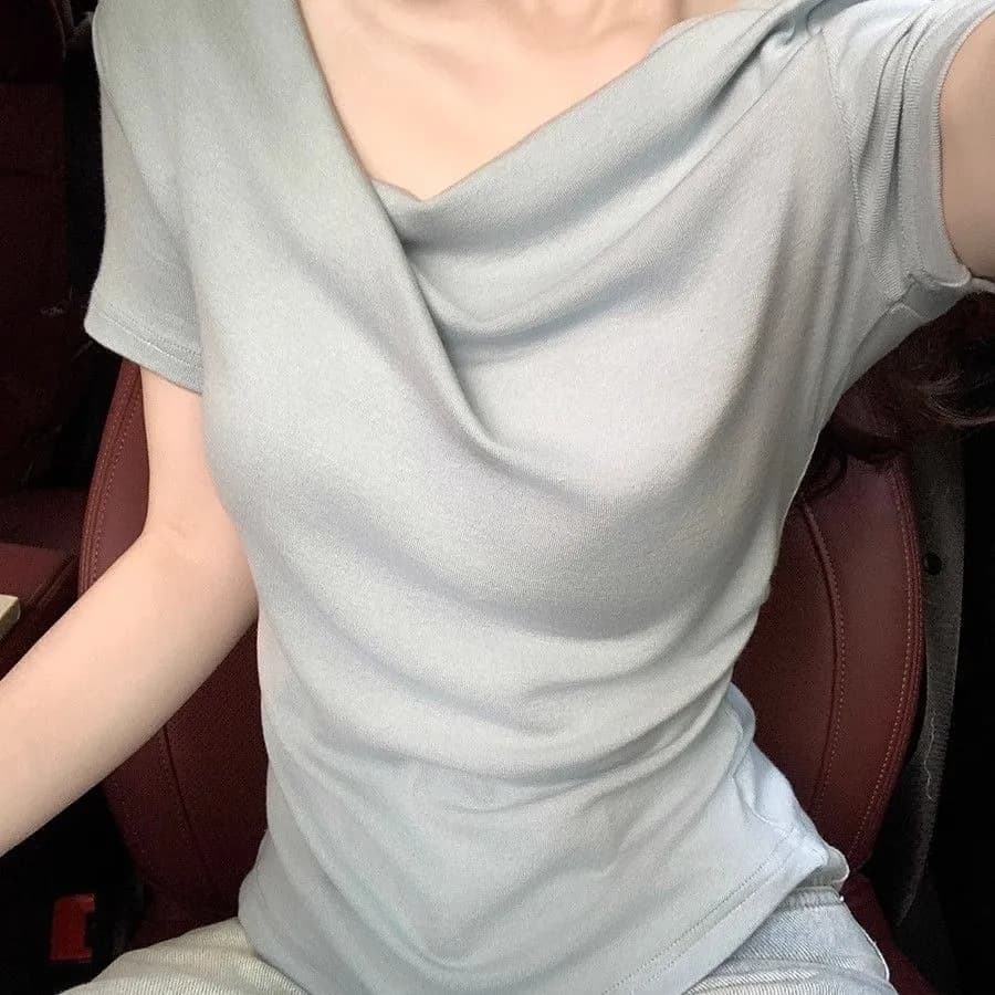 모달 흔들다 칼라 반팔 티셔츠 여성 여름 프랑스식 주름 불규칙 몸매 가꾸기 허리 수축 디자인 센스 만나는 맨위 이미지 4
