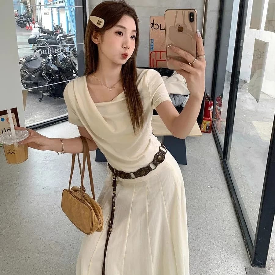 모달 흔들다 칼라 반팔 티셔츠 여성 여름 프랑스식 주름 불규칙 몸매 가꾸기 허리 수축 디자인 센스 만나는 맨위 이미지 2