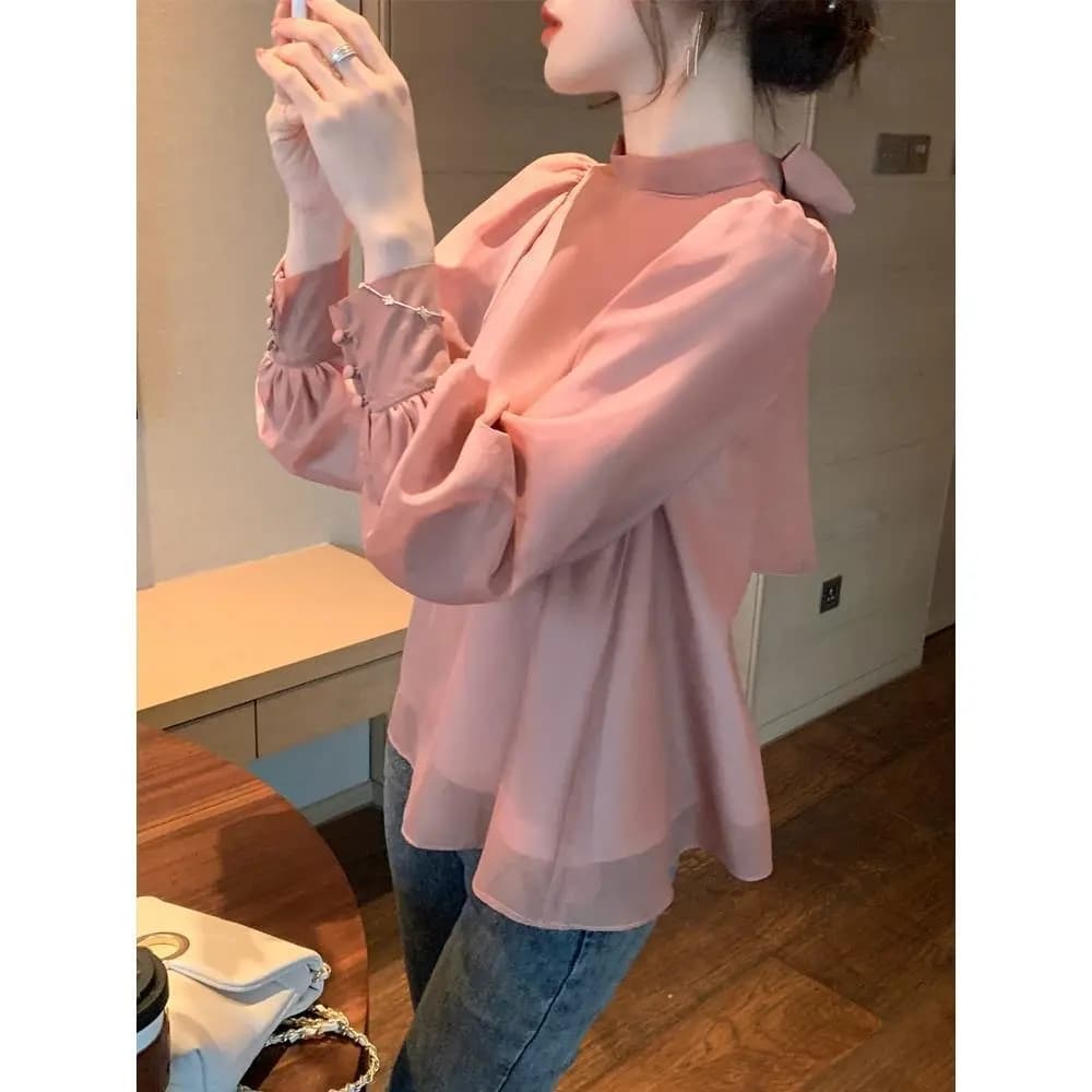 이른 가을 새로운 2026 년 한 부서 슈퍼 요정 품격 루즈핏 슬림해 보이는 표지 배 맨위 쉬폰 작은 셔츠 여성 고급 외국 가스 이미지 4