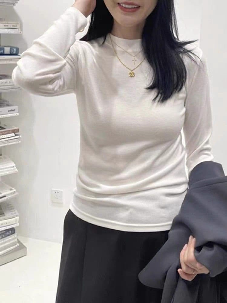 화이트 라운드 넥 기본 셔츠 여성 가을 겨울철 2026 새로운 몸매 가꾸기 인사이드 가져 가라. 긴팔 티셔츠 고급 센스 외출용 맨위 상세 이미지 9