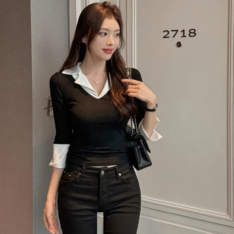 한국 동대문 가을 겨울 새로운 품격 V넥 트임 7부 소매 셔츠 패치워크 색상 몸매 가꾸기 디스플레이 몸 티셔츠 여성