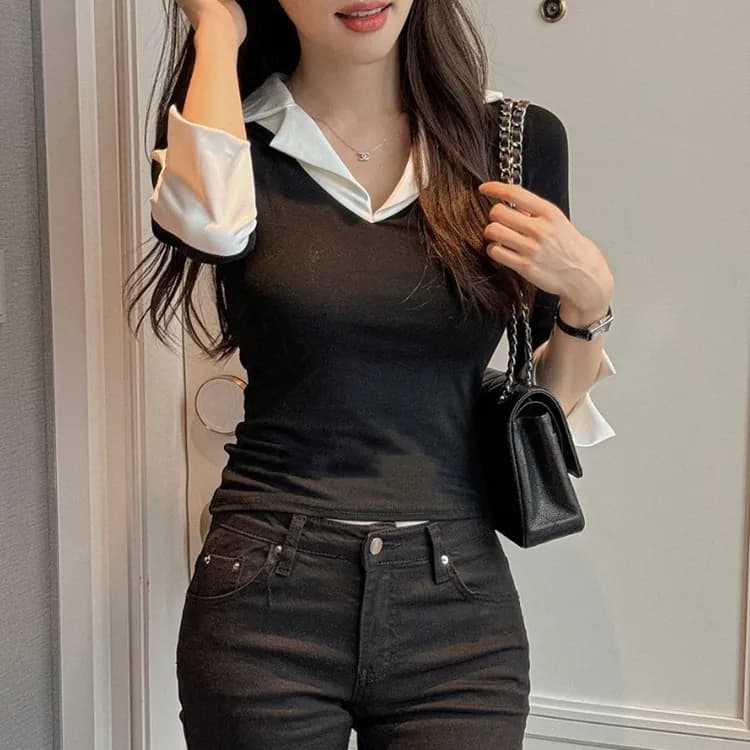 한국 동대문 가을 겨울 새로운 품격 V넥 트임 7부 소매 셔츠 패치워크 색상 몸매 가꾸기 디스플레이 몸 티셔츠 여성 이미지 2