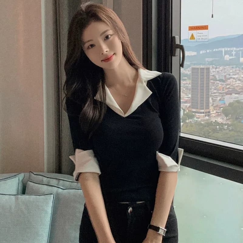 한국 동대문 가을 겨울 새로운 품격 V넥 트임 7부 소매 셔츠 패치워크 색상 몸매 가꾸기 디스플레이 몸 티셔츠 여성 상세 이미지 1