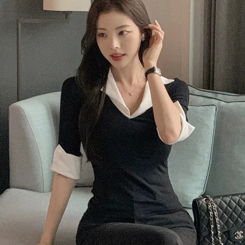 한국 동대문 가을 겨울 새로운 품격 V넥 트임 7부 소매 셔츠 패치워크 색상 몸매 가꾸기 디스플레이 몸 티셔츠 여성 상세 이미지 2