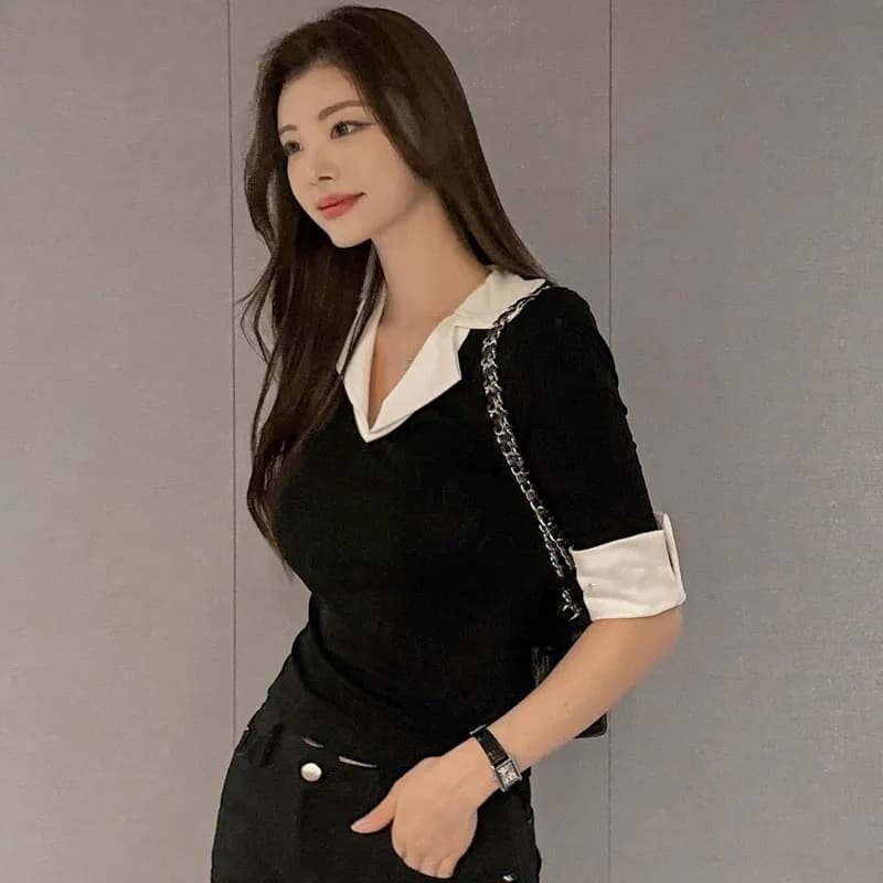 한국 동대문 가을 겨울 새로운 품격 V넥 트임 7부 소매 셔츠 패치워크 색상 몸매 가꾸기 디스플레이 몸 티셔츠 여성 상세 이미지 3