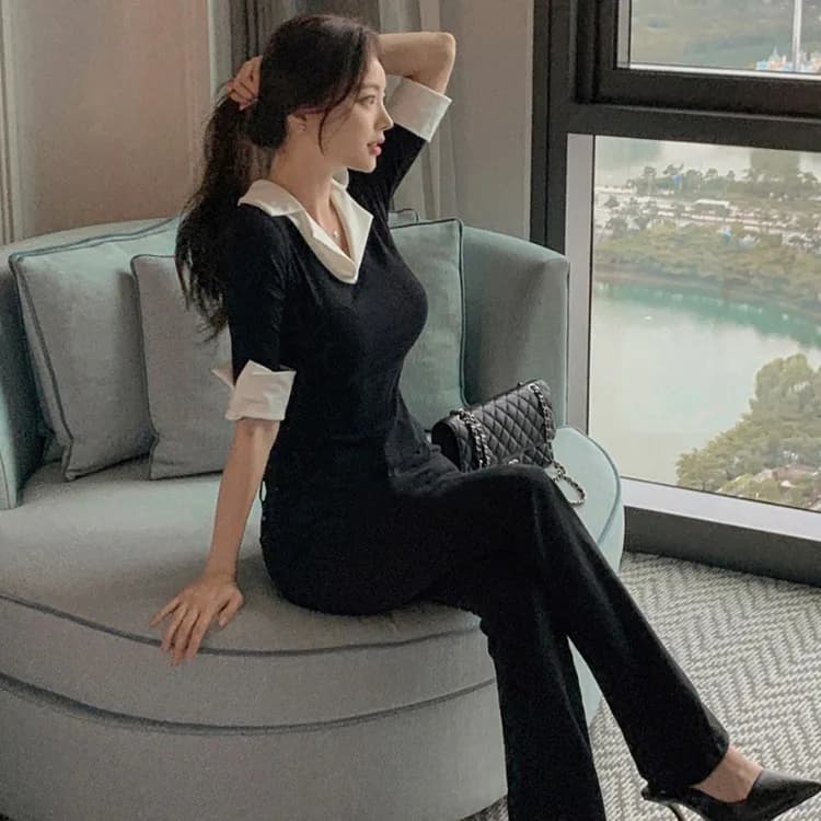 한국 동대문 가을 겨울 새로운 품격 V넥 트임 7부 소매 셔츠 패치워크 색상 몸매 가꾸기 디스플레이 몸 티셔츠 여성 상세 이미지 6
