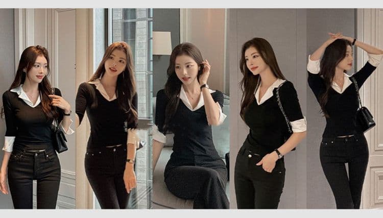 한국 동대문 가을 겨울 새로운 품격 V넥 트임 7부 소매 셔츠 패치워크 색상 몸매 가꾸기 디스플레이 몸 티셔츠 여성 상세 이미지 12