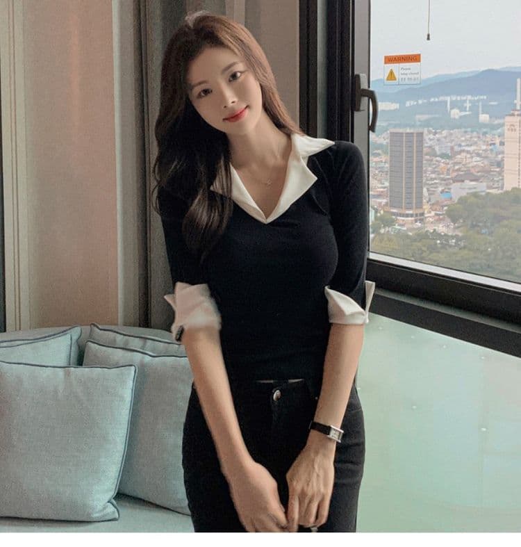 한국 동대문 가을 겨울 새로운 품격 V넥 트임 7부 소매 셔츠 패치워크 색상 몸매 가꾸기 디스플레이 몸 티셔츠 여성 상세 이미지 15