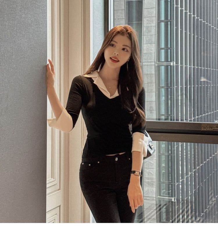 한국 동대문 가을 겨울 새로운 품격 V넥 트임 7부 소매 셔츠 패치워크 색상 몸매 가꾸기 디스플레이 몸 티셔츠 여성 상세 이미지 22
