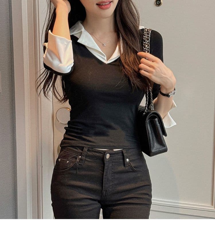한국 동대문 가을 겨울 새로운 품격 V넥 트임 7부 소매 셔츠 패치워크 색상 몸매 가꾸기 디스플레이 몸 티셔츠 여성 상세 이미지 23
