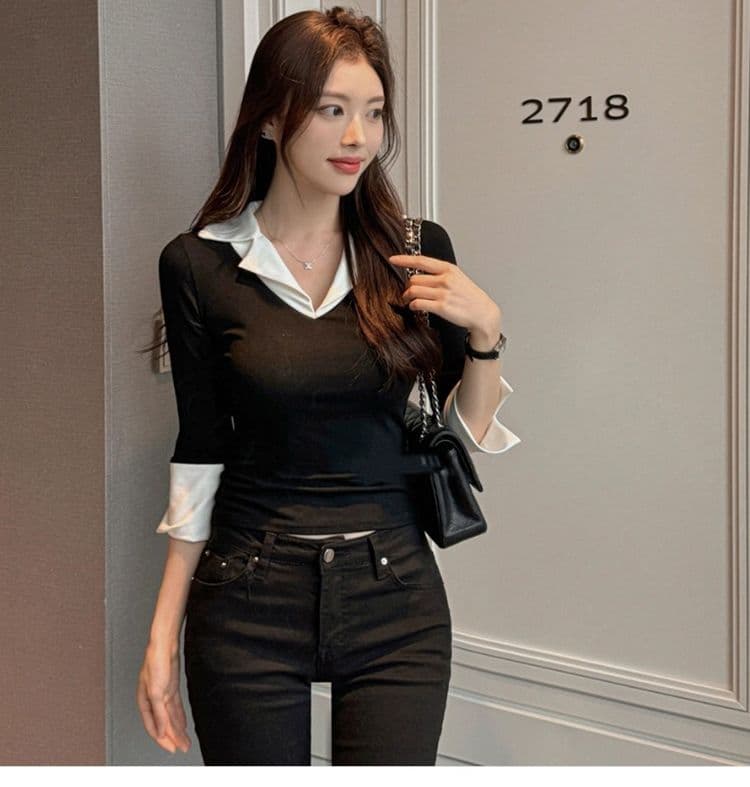 한국 동대문 가을 겨울 새로운 품격 V넥 트임 7부 소매 셔츠 패치워크 색상 몸매 가꾸기 디스플레이 몸 티셔츠 여성 상세 이미지 24
