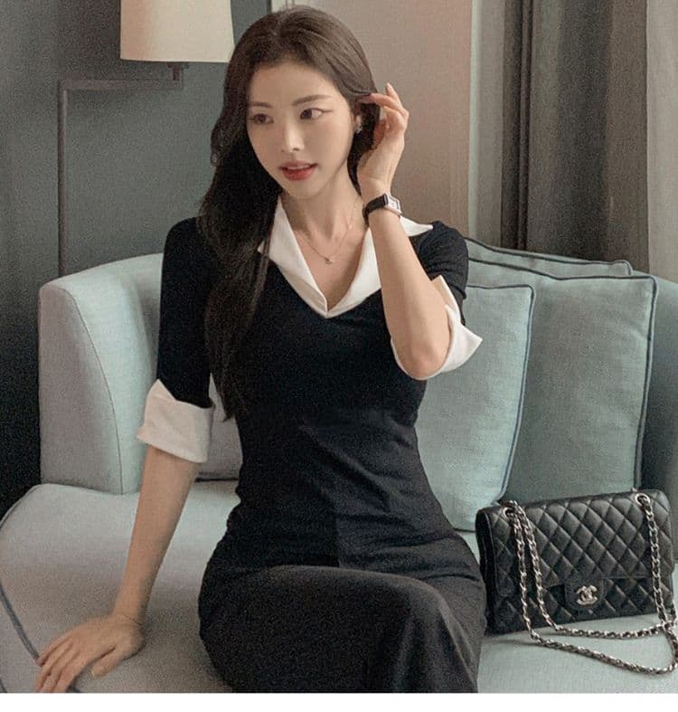 한국 동대문 가을 겨울 새로운 품격 V넥 트임 7부 소매 셔츠 패치워크 색상 몸매 가꾸기 디스플레이 몸 티셔츠 여성 상세 이미지 27