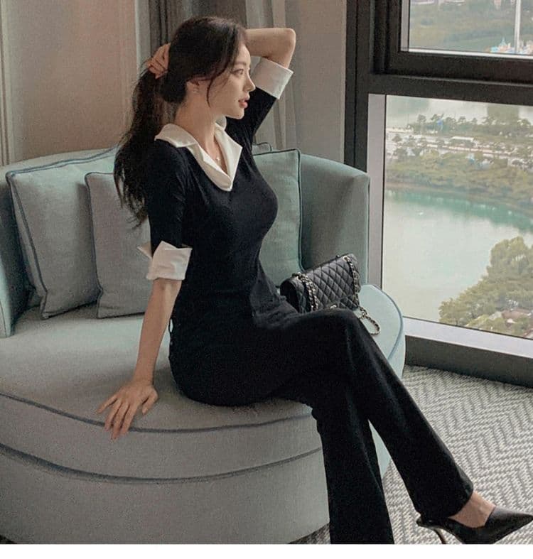 한국 동대문 가을 겨울 새로운 품격 V넥 트임 7부 소매 셔츠 패치워크 색상 몸매 가꾸기 디스플레이 몸 티셔츠 여성 상세 이미지 28