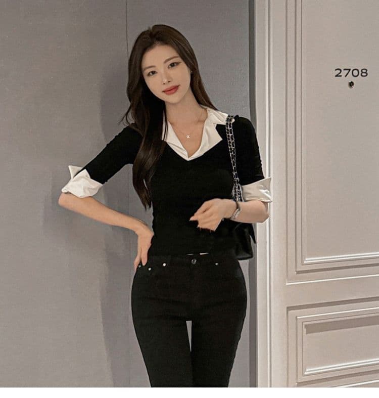 한국 동대문 가을 겨울 새로운 품격 V넥 트임 7부 소매 셔츠 패치워크 색상 몸매 가꾸기 디스플레이 몸 티셔츠 여성 상세 이미지 30