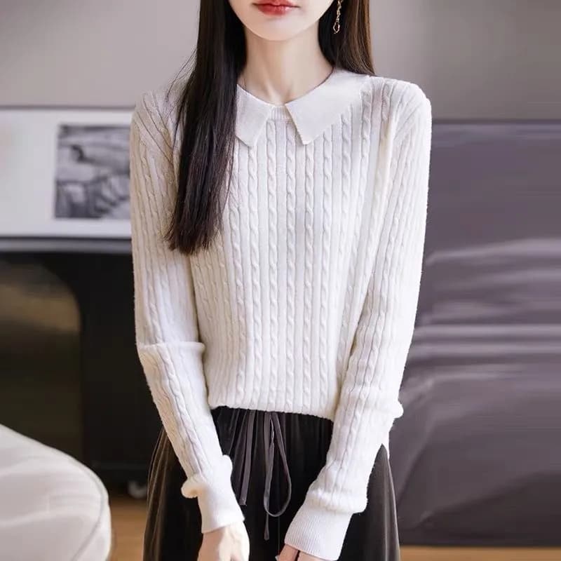 신제품 프랑스식 가을 겨울 POLO 칼라 털 니트 긴 소매 꽈배기 부드럽다 만나는 외국 가스 다용도 여성 셔츠 외출용 이미지 5