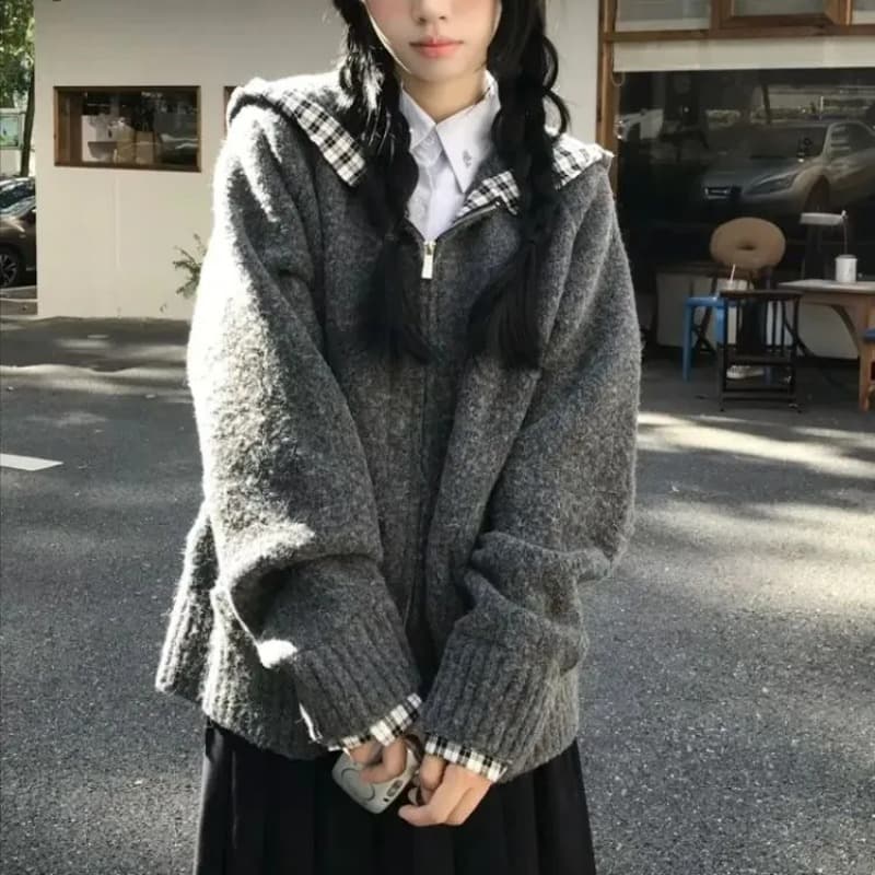 아메리칸 새로운 회색 후드 스웨터 여성 코트 2026 가을 겨울 체크무늬 패치워크 니트 오픈 가디건 지퍼 맨위 트렌디 이미지 5