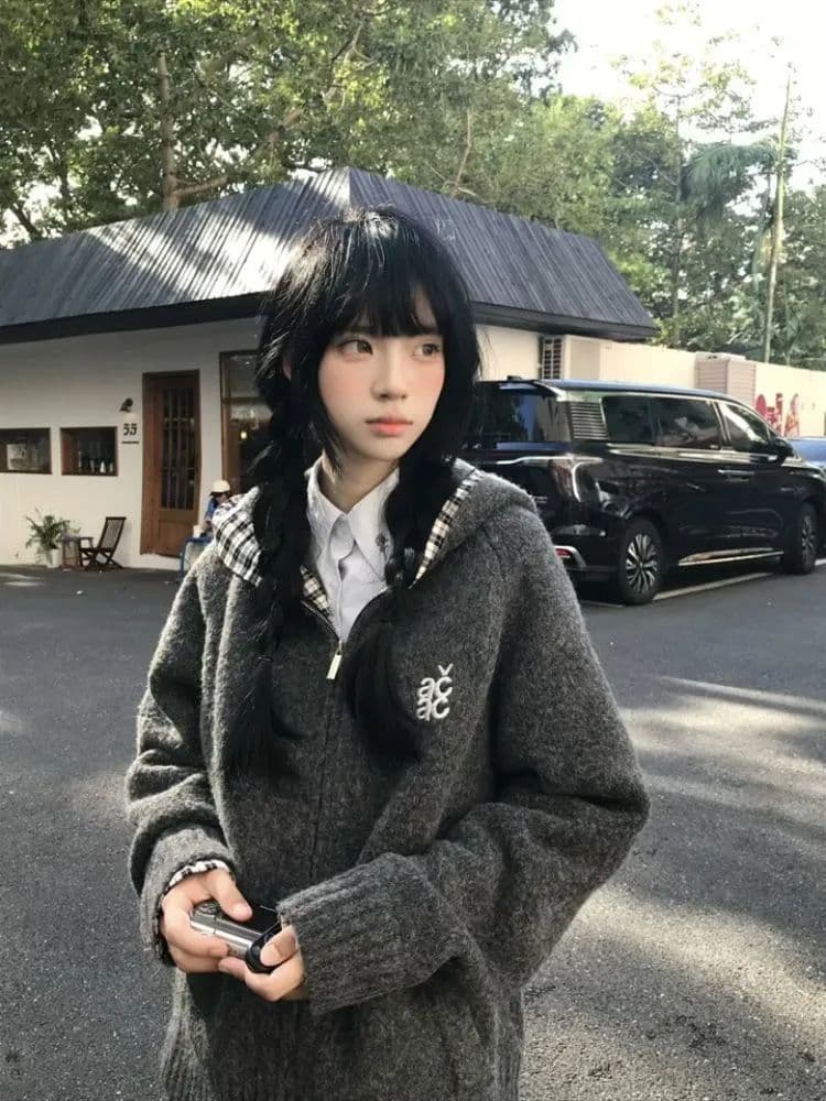아메리칸 새로운 회색 후드 스웨터 여성 코트 2026 가을 겨울 체크무늬 패치워크 니트 오픈 가디건 지퍼 맨위 트렌디 상세 이미지 10